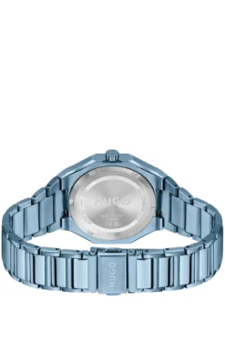 Blue-steel watch with logo-textured dial