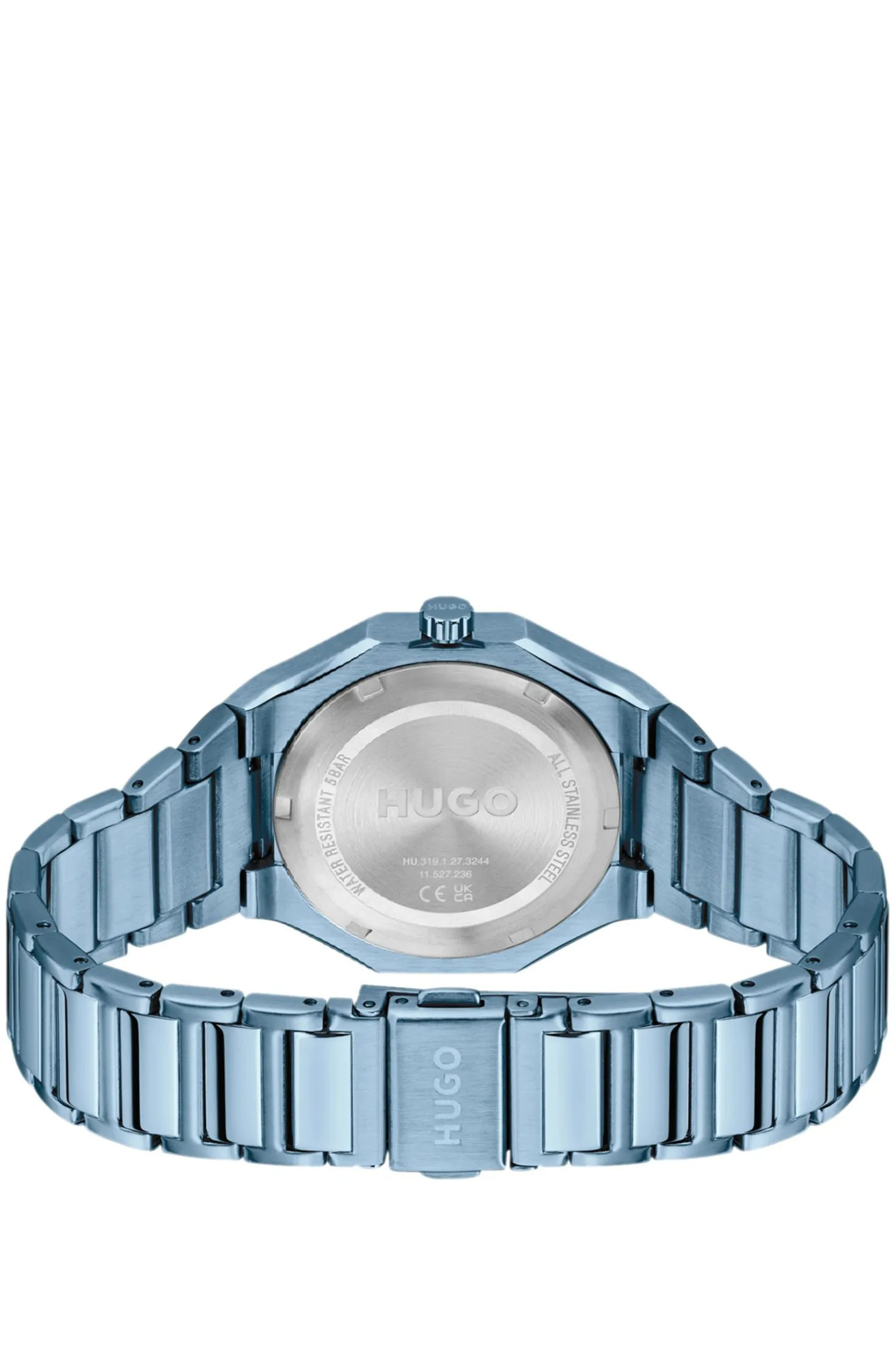 Blue-steel watch with logo-textured dial