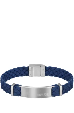 Blue-suede braided cuff with logo plate