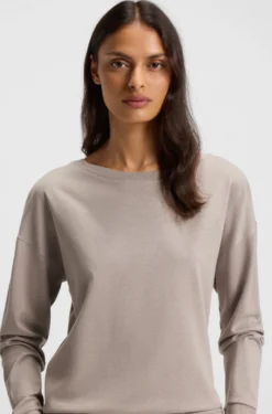 Boat-neck sweatshirt in melange jersey with logo plate