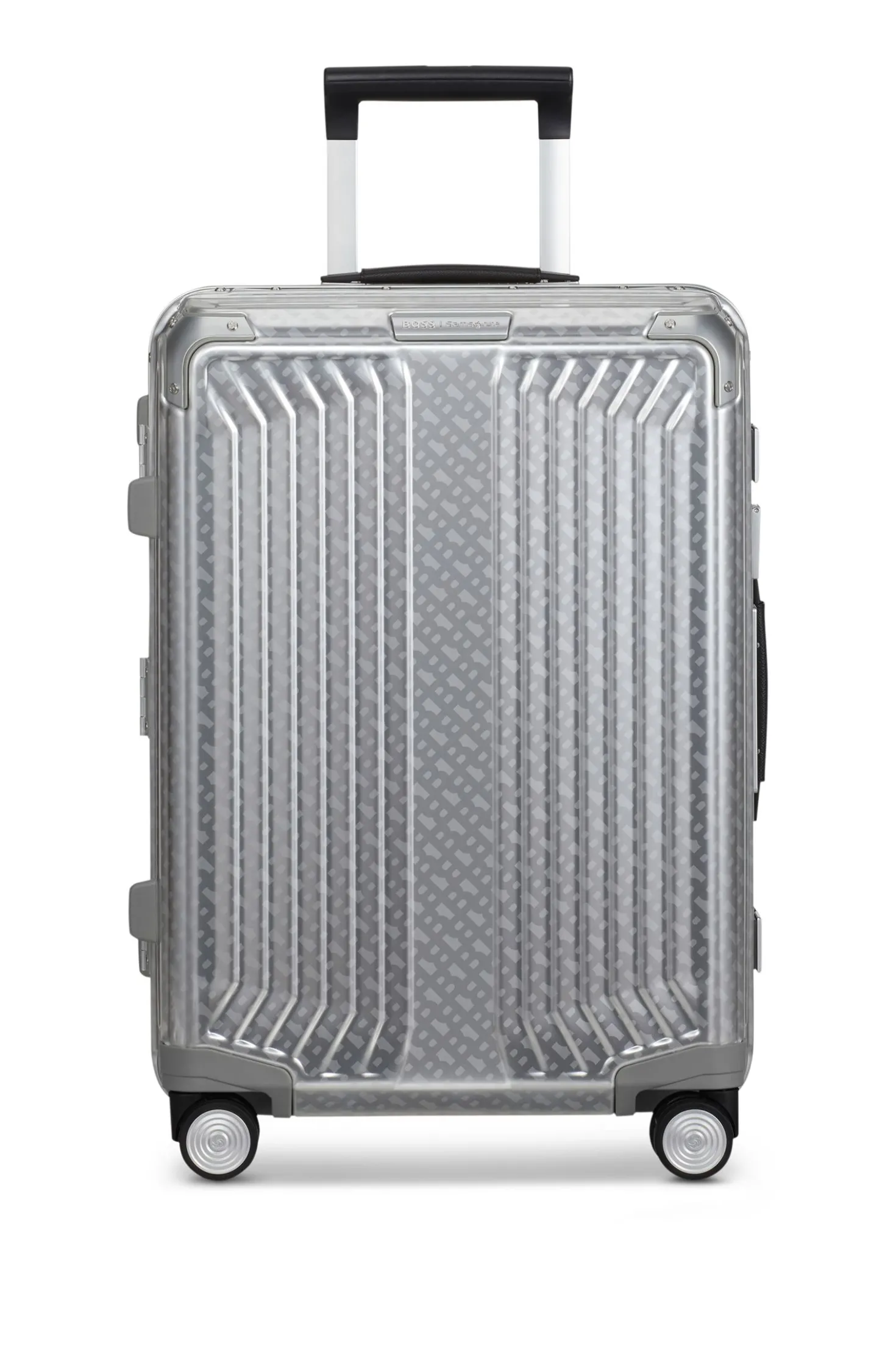 BOSS x Samsonite silver aluminium cabin-size suitcase 55cm