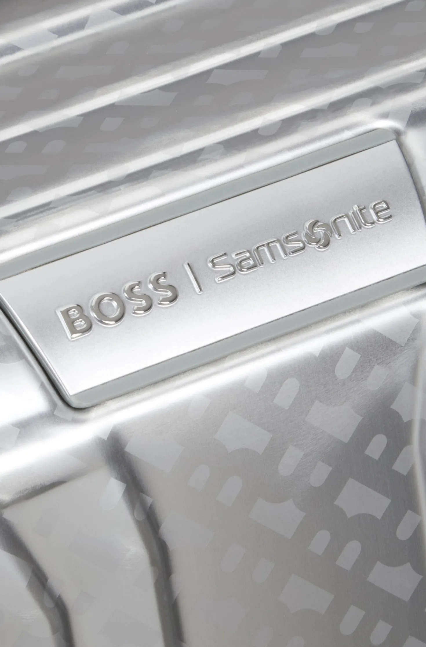 BOSS x Samsonite silver aluminium cabin-size suitcase 55cm