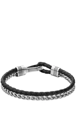 Braided cuff in black leather and stainless steel
