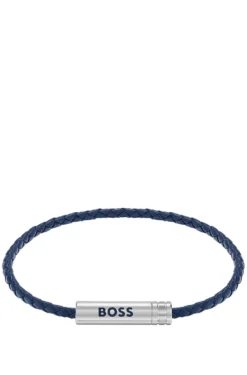 Braided cuff in blue leather with logo plaque