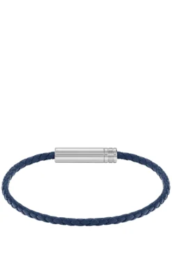 Braided cuff in blue leather with logo plaque