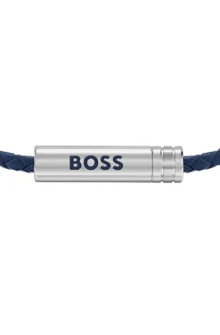 Braided cuff in blue leather with logo plaque