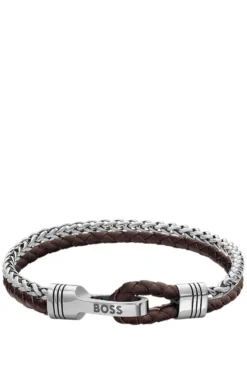 Braided cuff in brown leather and stainless steel