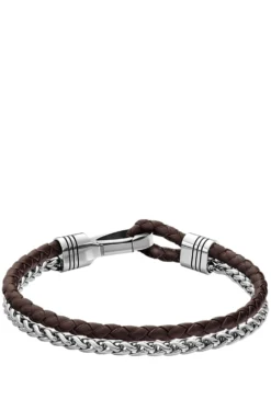 Braided cuff in brown leather and stainless steel