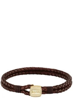 Brown braided-leather cuff with gold-tone closure