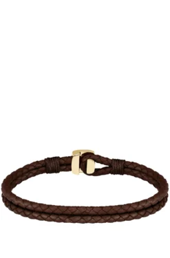 Brown braided-leather cuff with gold-tone closure