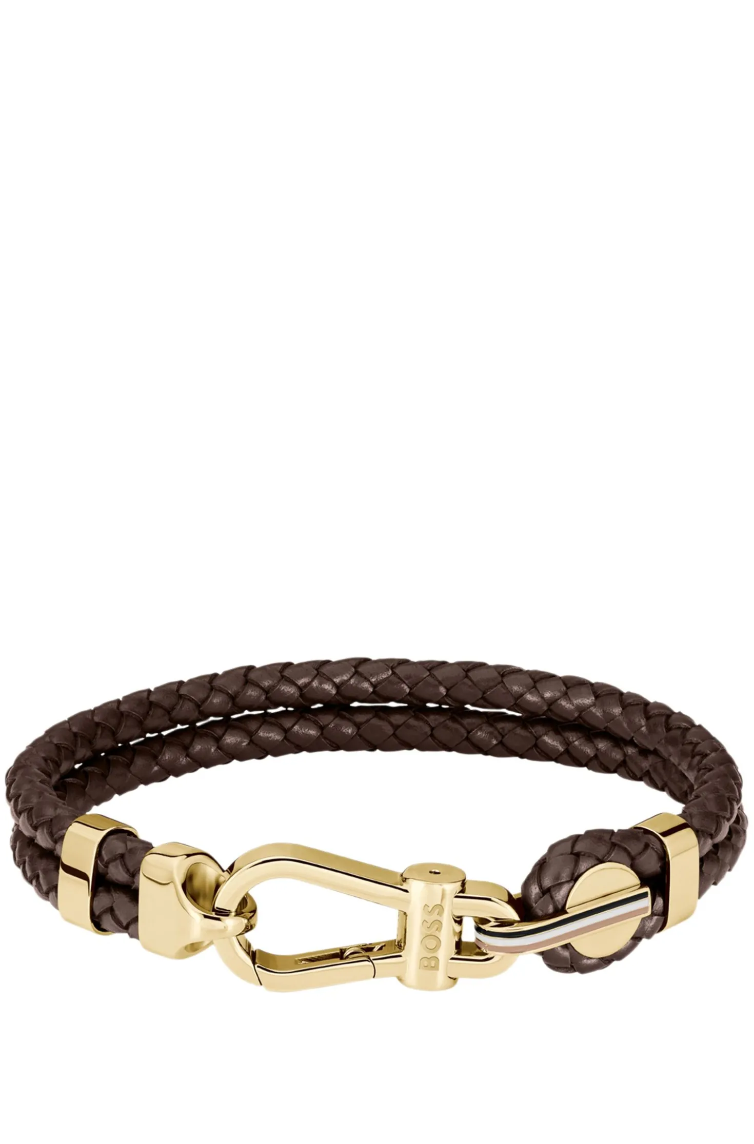 Brown braided-leather cuff with gold-tone carabiner closure