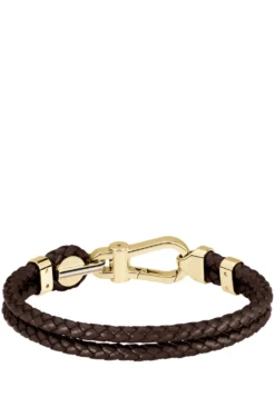 Brown braided-leather cuff with gold-tone carabiner closure
