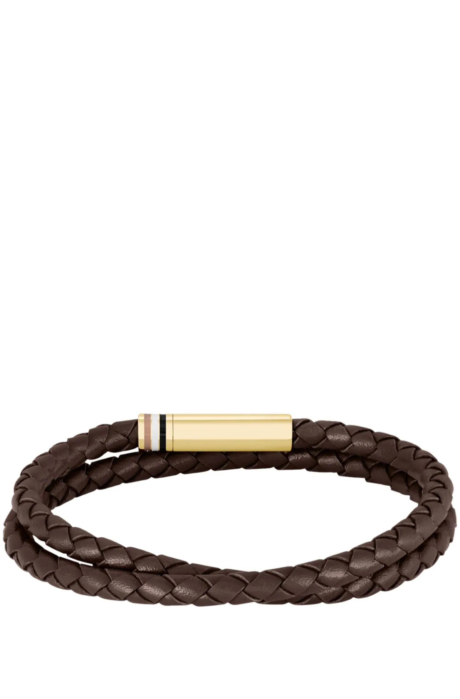 Brown braided-leather cuff with logo closure