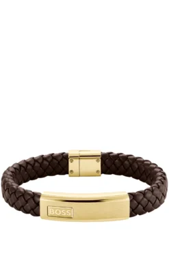 Brown braided-leather cuff with gold-tone logo plate