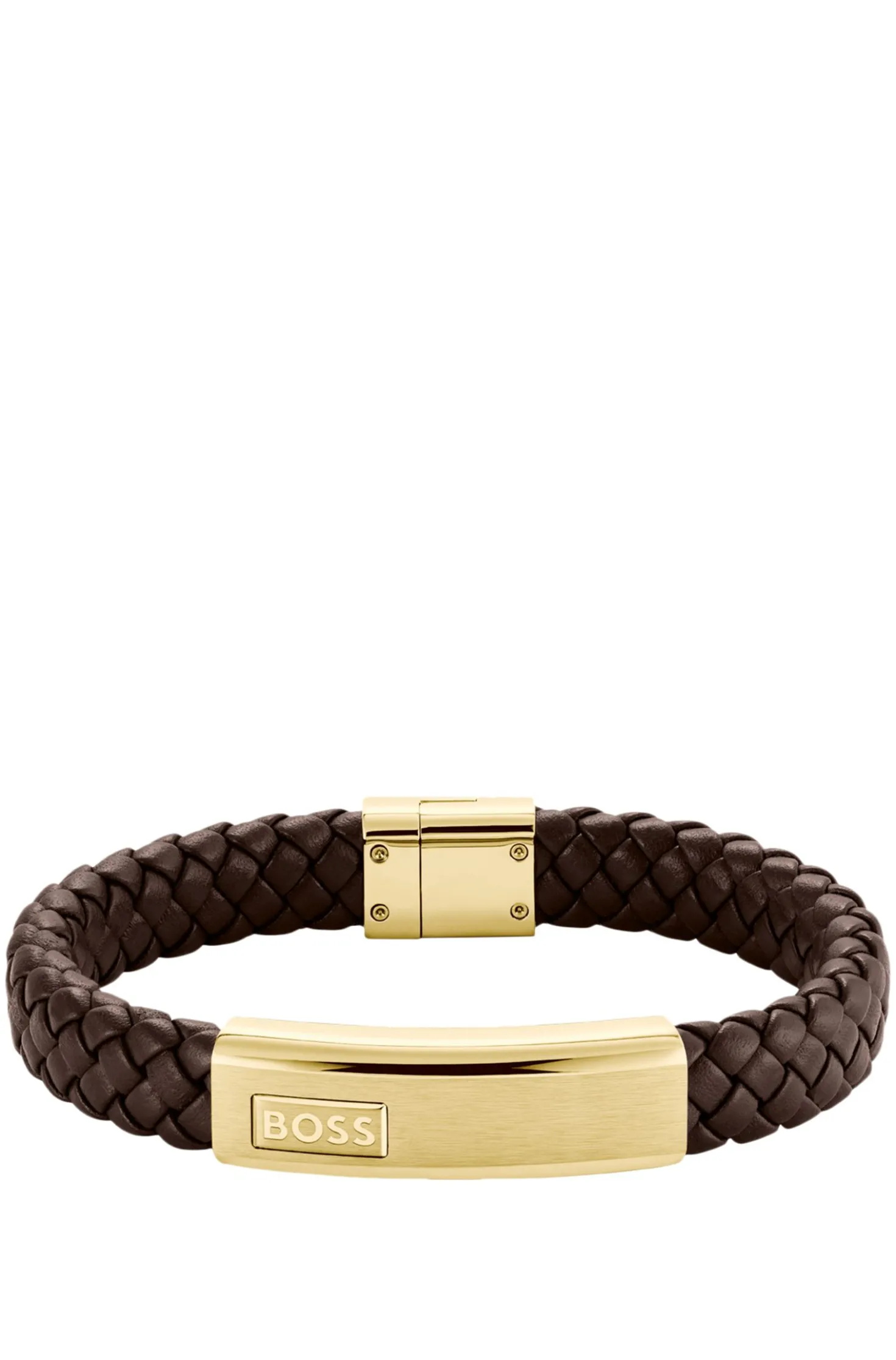 Brown braided-leather cuff with gold-tone logo plate