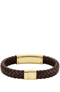 Brown braided-leather cuff with gold-tone logo plate