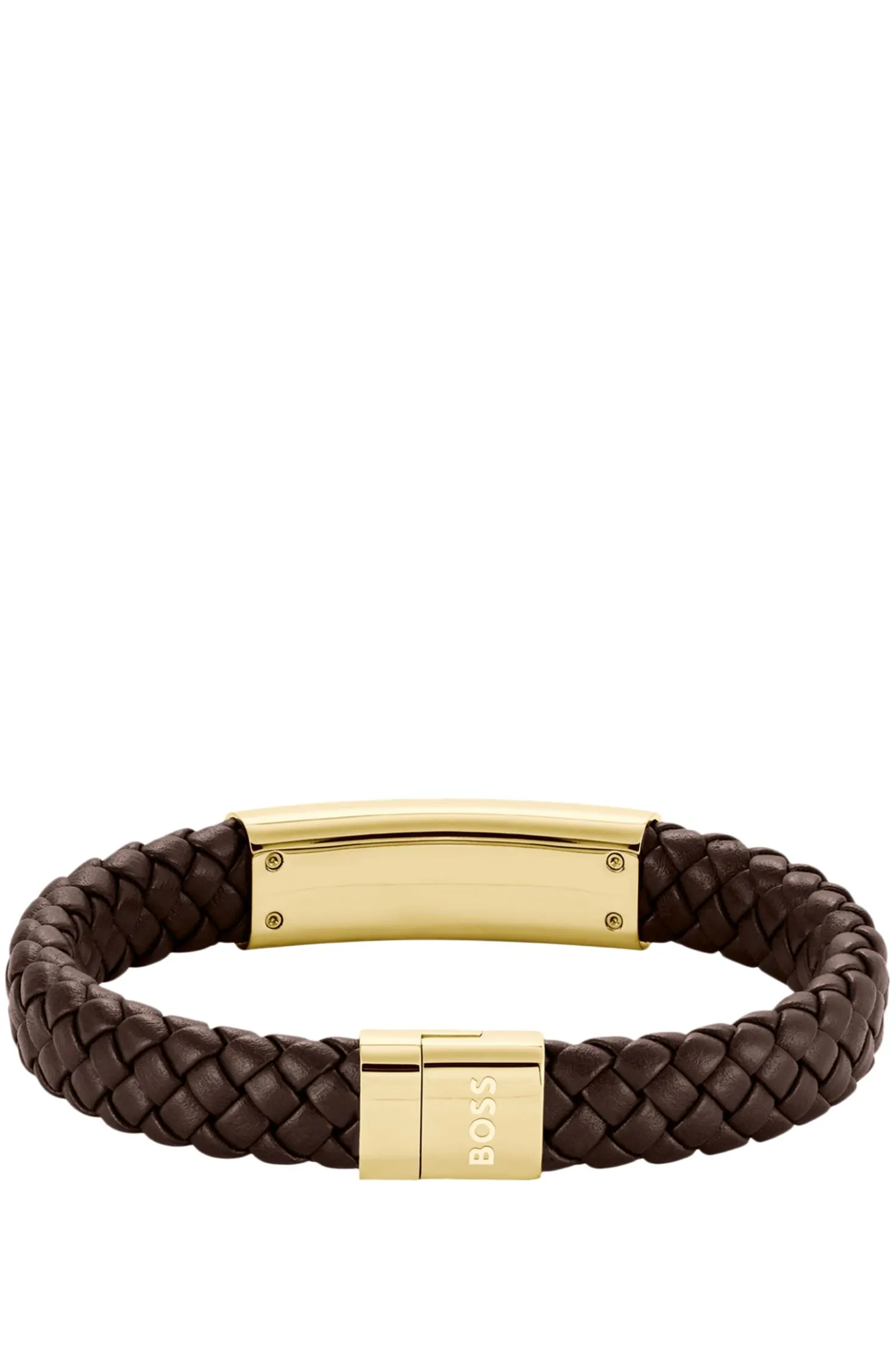 Brown braided-leather cuff with gold-tone logo plate