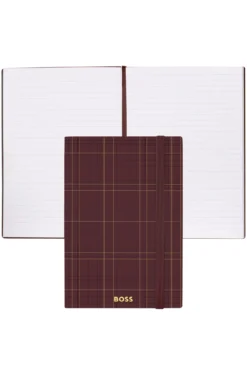 Burgundy check-print A5 notebook with gold-tone logo