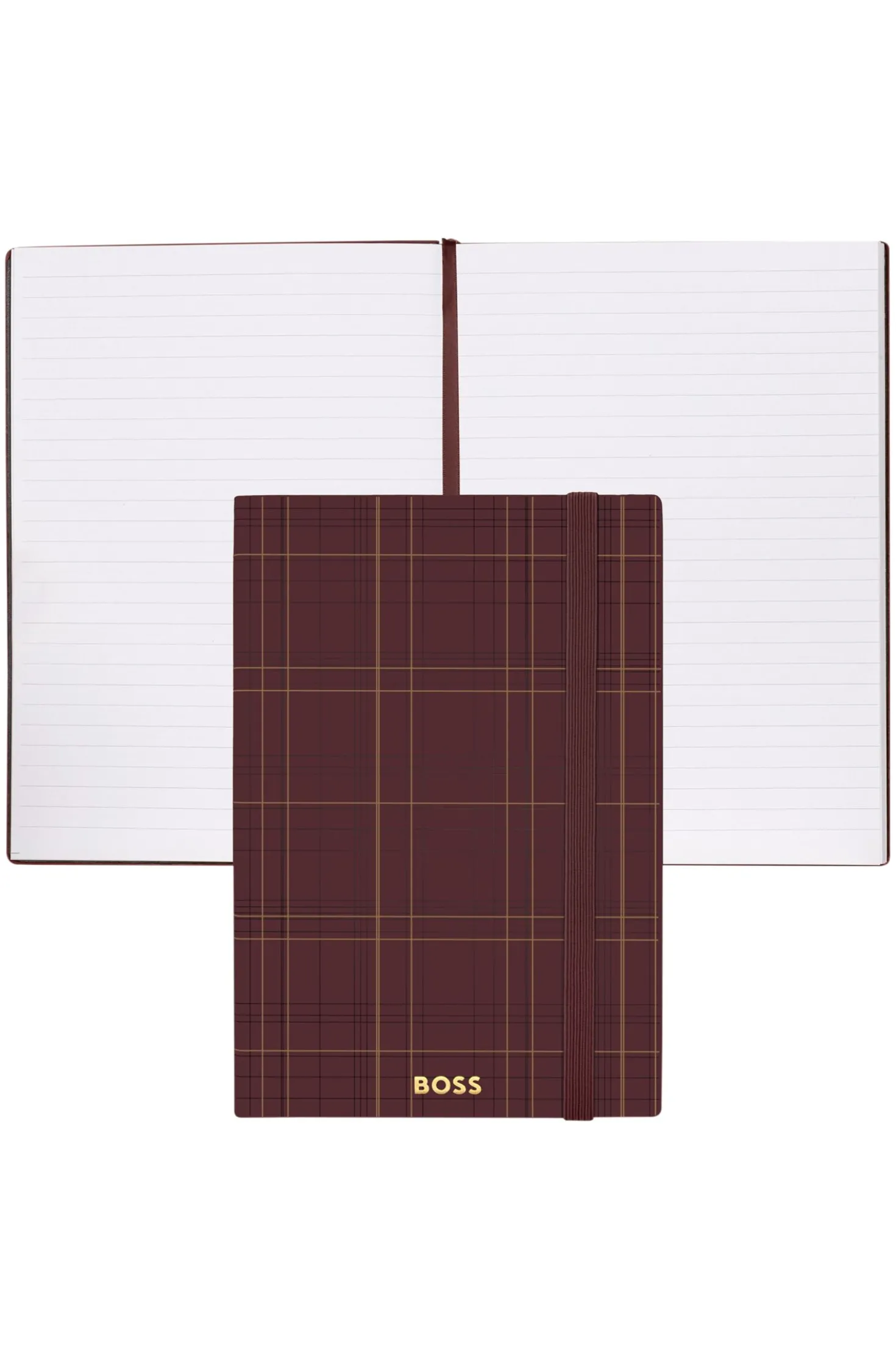 Burgundy check-print A5 notebook with gold-tone logo