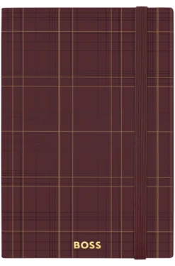 Burgundy check-print A5 notebook with gold-tone logo