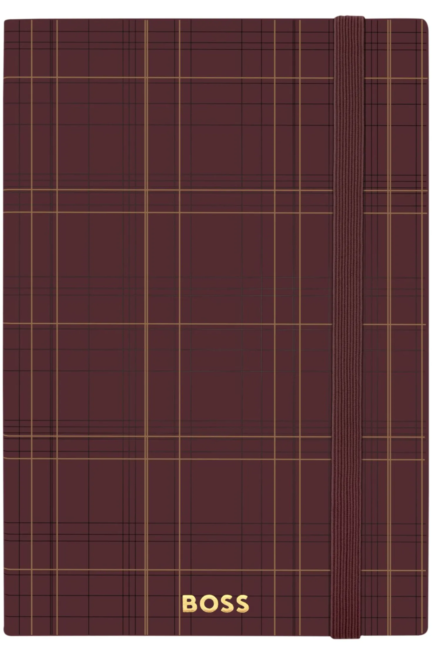 Burgundy check-print A5 notebook with gold-tone logo