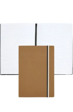Camel faux-leather A5 notebook with signature-stripe strap