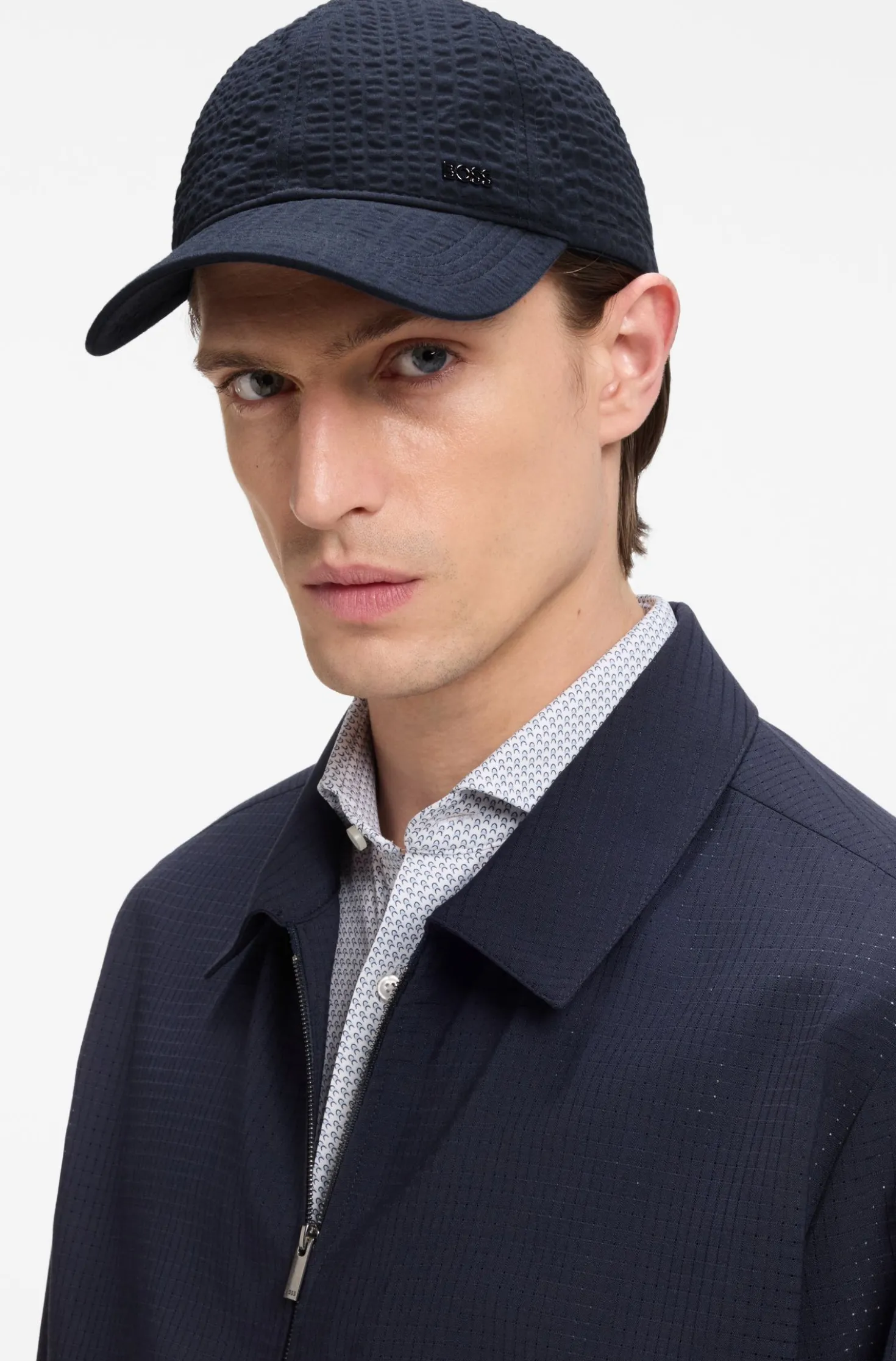 Cap in stretch-cotton seersucker with metallic logo lettering
