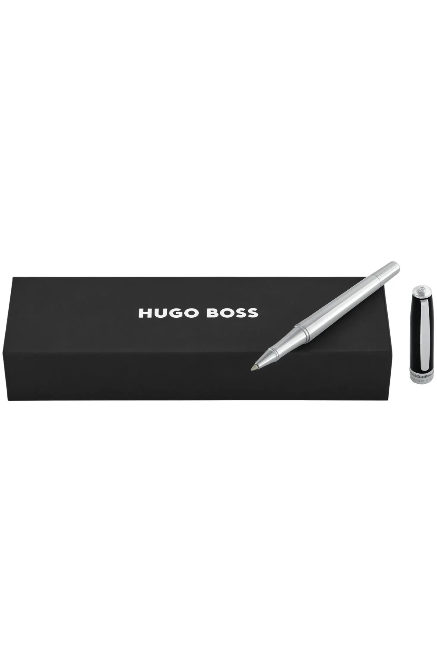 Chrome-plated rollerball pen with black-lacquered cap