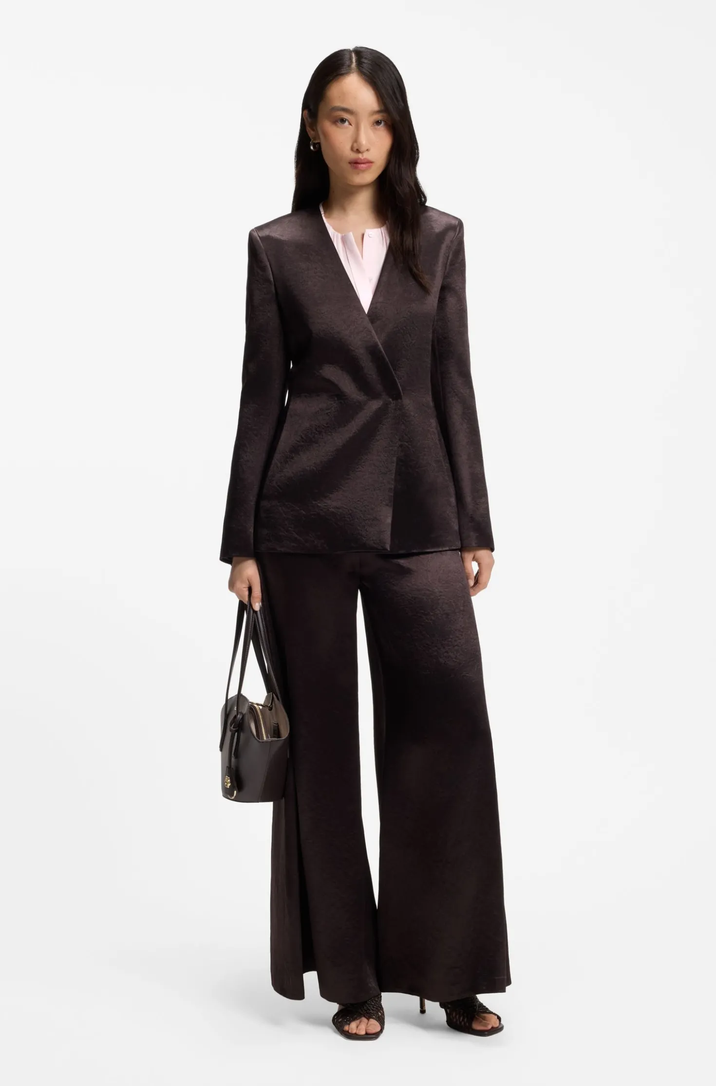 Collarless regular-fit blouse in stretch silk