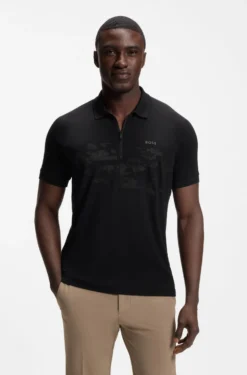 Cotton-blend zipped polo shirt with reflective graphics