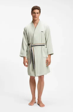 Cotton dressing gown with signature-stripe belt
