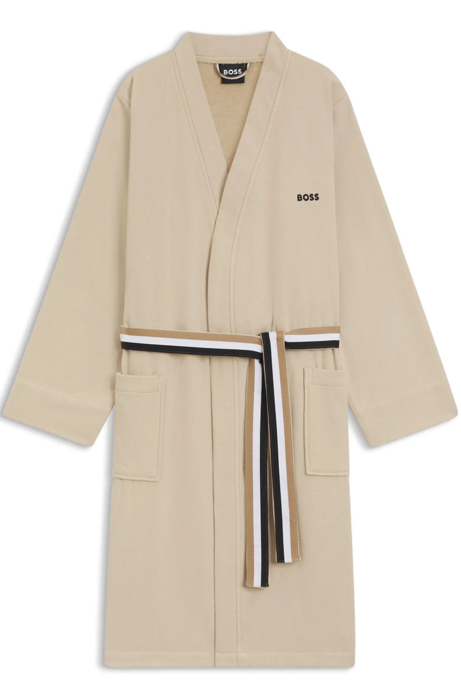Cotton dressing gown with signature-stripe belt
