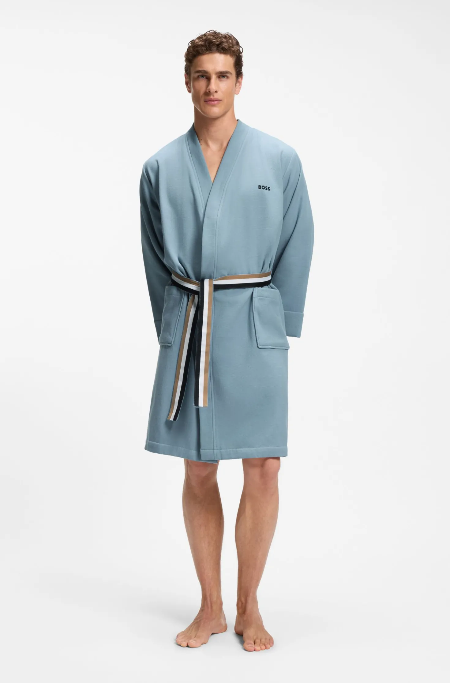 Cotton dressing gown with signature-stripe belt
