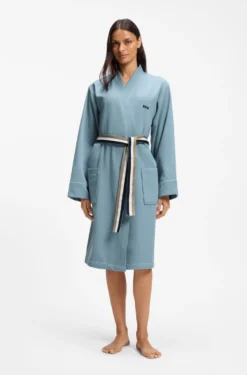 Cotton dressing gown with signature-stripe belt