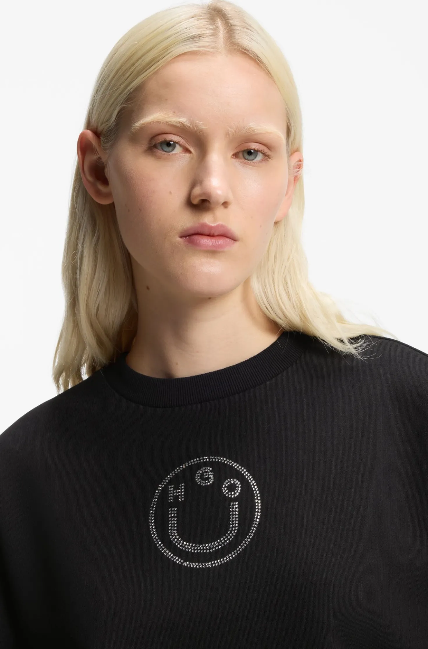 Cotton sweatshirt with rhinestone Happy HUGO logo