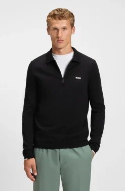Cotton zip-neck sweater with contrast logo