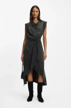 Cowl-neck dress with wrap skirt