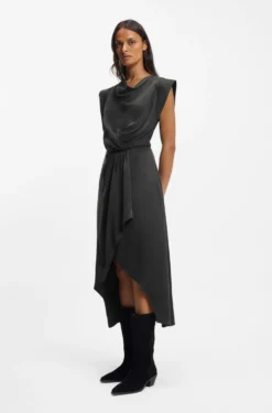 Cowl-neck dress with wrap skirt