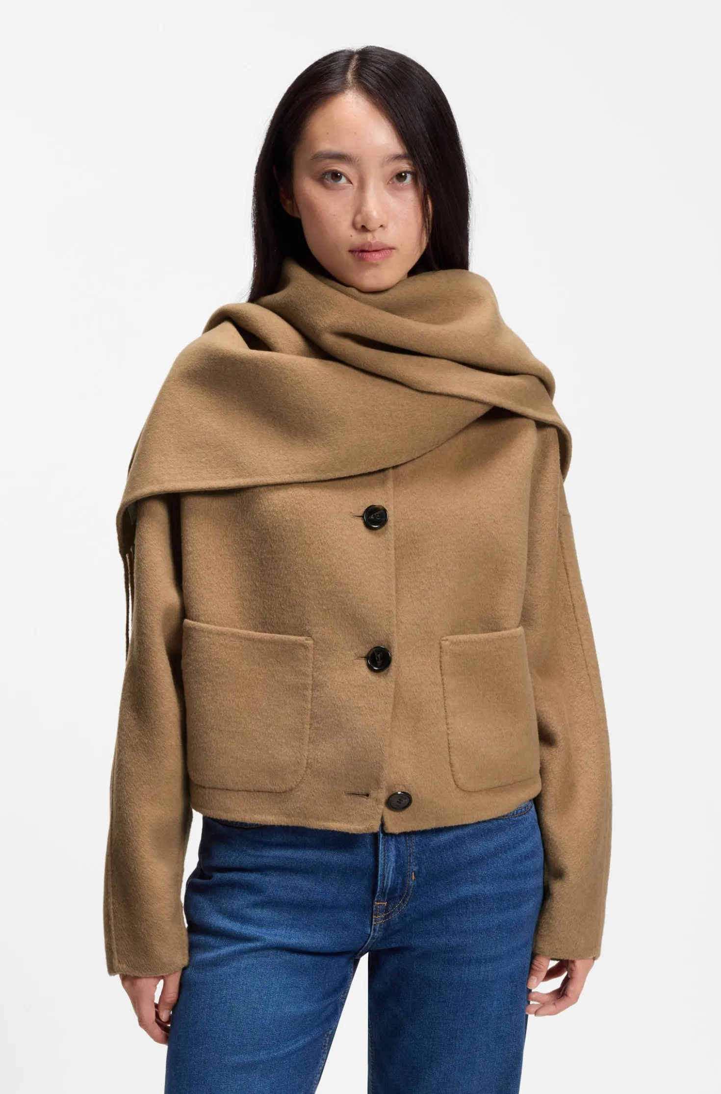 Cropped oversized-fit jacket with detachable scarf