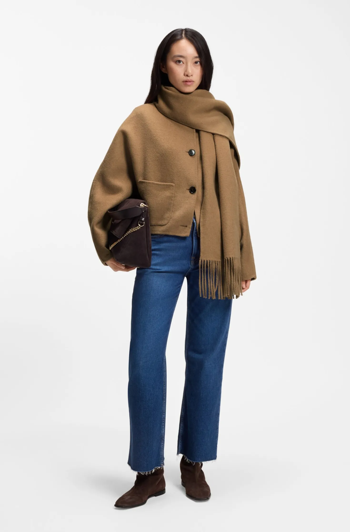 Cropped oversized-fit jacket with detachable scarf