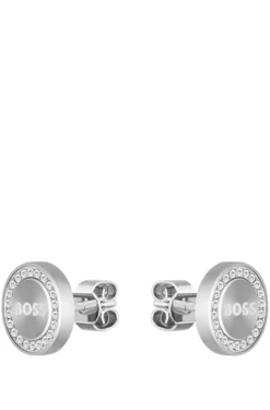 Crystal-encrusted stud earrings with logo