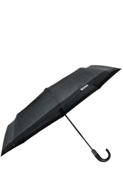 Dark-grey herringbone pocket umbrella with faux-leather handle