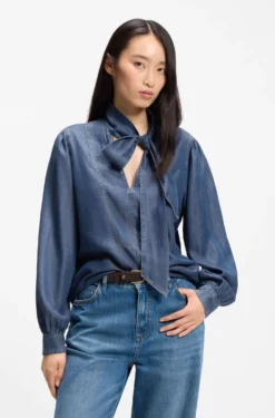 Denim-look blouse with scarf detail