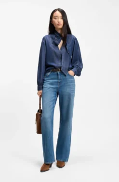 Denim-look blouse with scarf detail