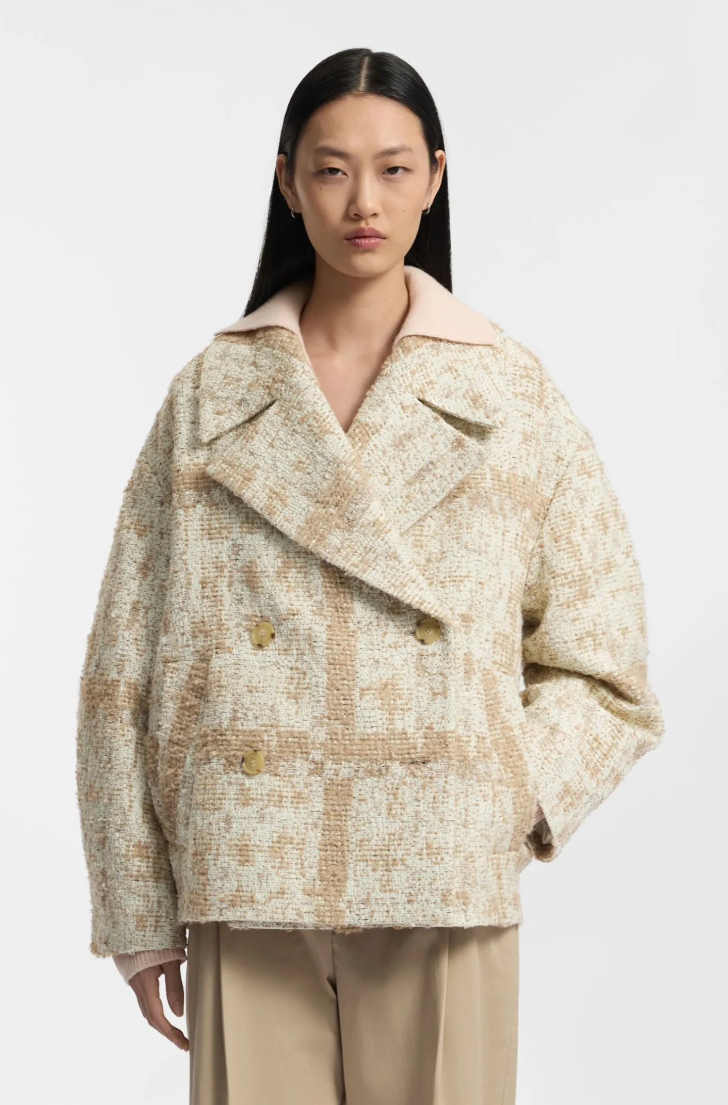 Double-breasted coat with check jacquard