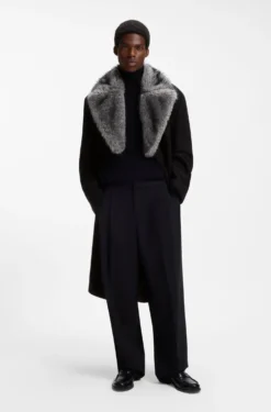 Double-breasted virgin wool coat with faux-fur collar