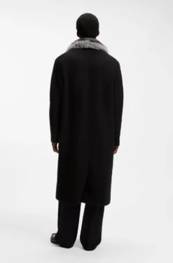 Double-breasted virgin wool coat with faux-fur collar