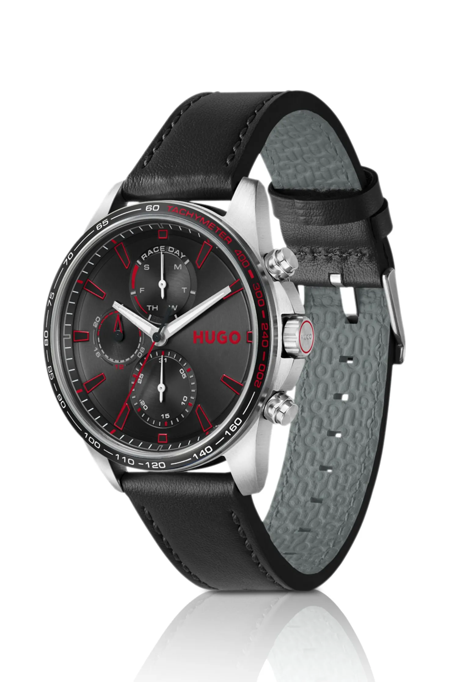 #Drift black-dial watch with black leather strap