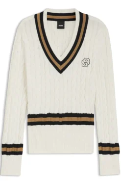 Equestrian cotton sweater with cable-knit structure