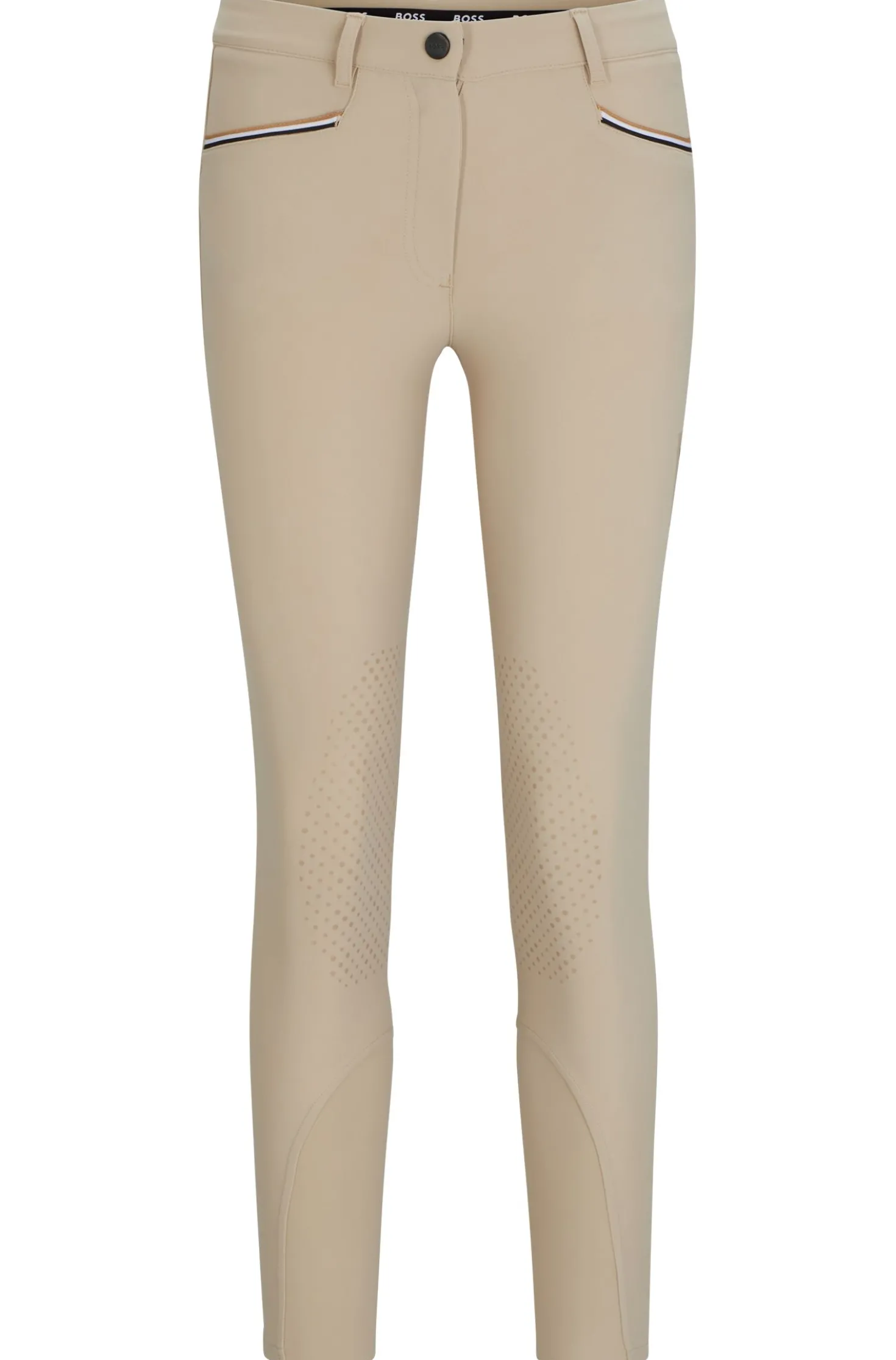 Equestrian knee-grip breeches in power-stretch material